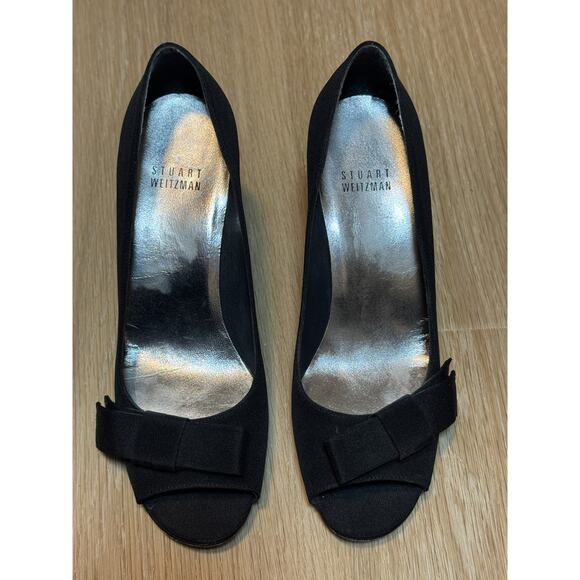 Stuart Weitzman Black Satin Bowover Bow Peep Toe Heel Sz. 6 M - Picture 5 of 12